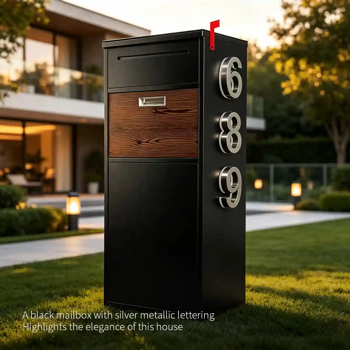 CurbHalo Custom Solar House Number Mailbox in Obsidian Black with illuminated silver address numbers