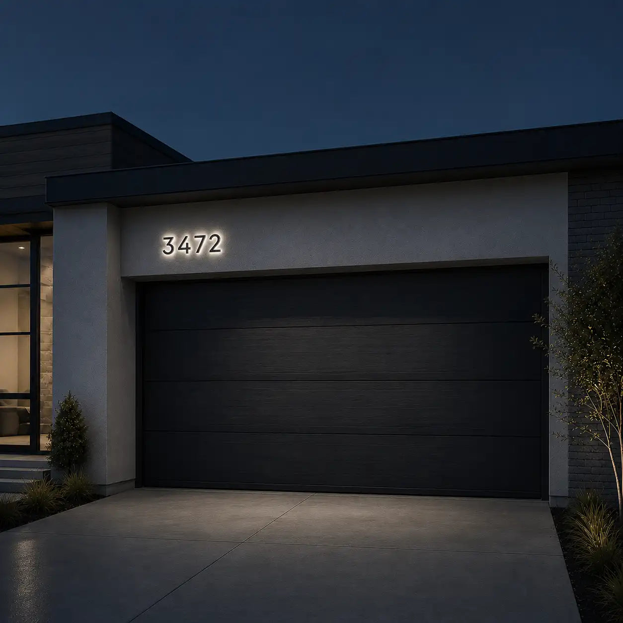 solar house number 3472 emitting a cold white light mounted on the garage roof