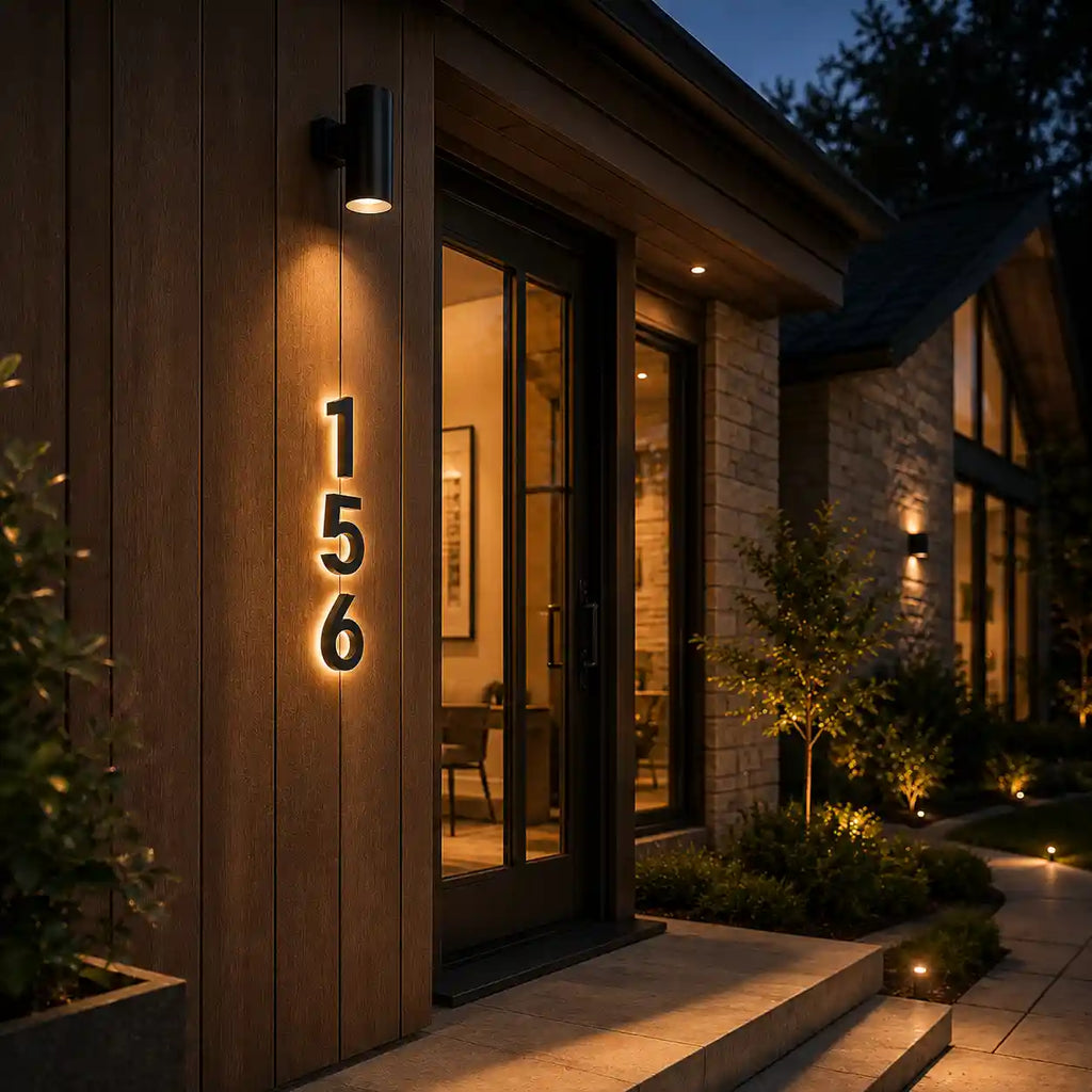 solar illuminated house number 156 mounted on an elegant wooden wall