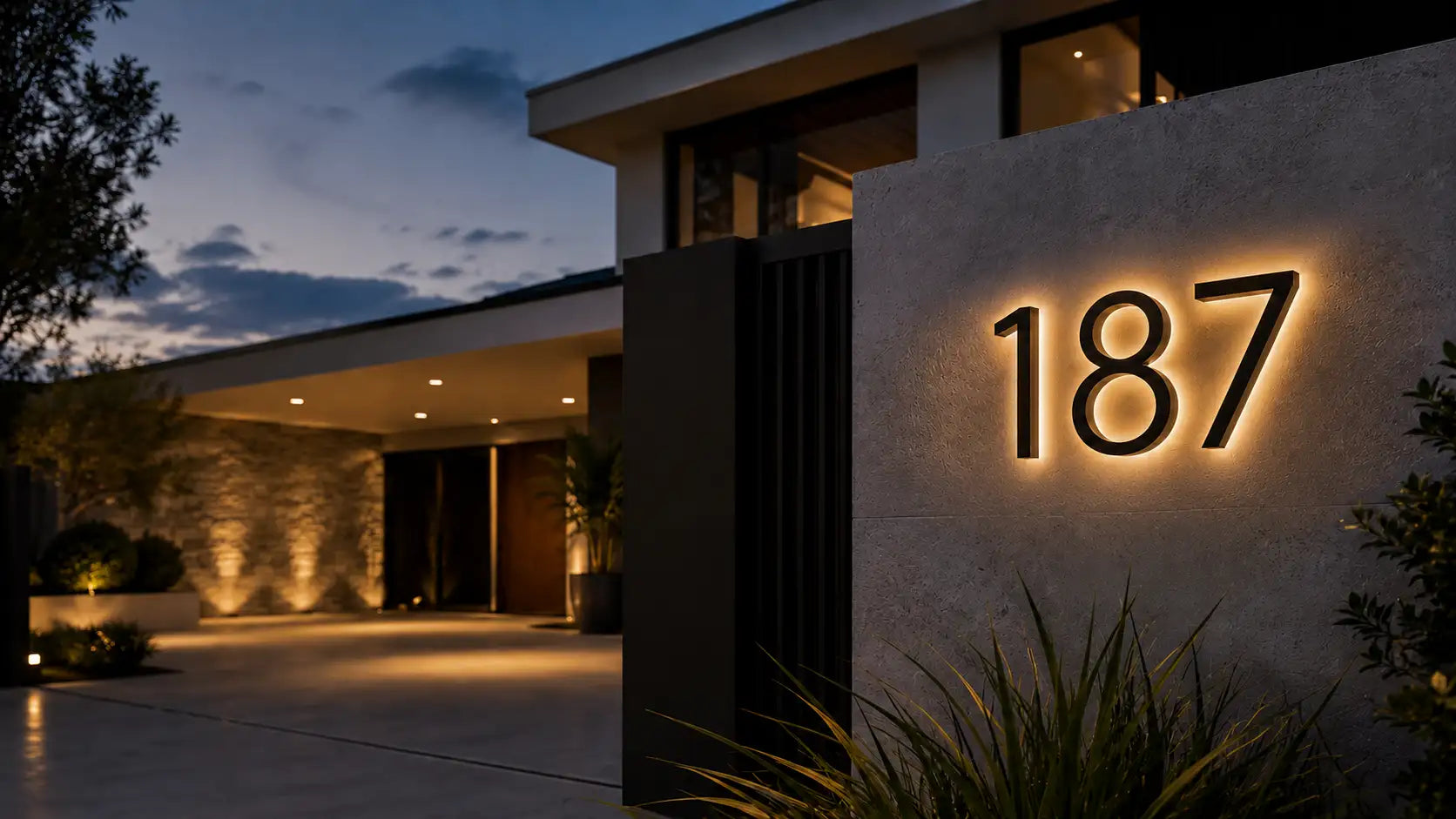 warm white backlit led house number 187 is installed at the entrance of a luxury residential building